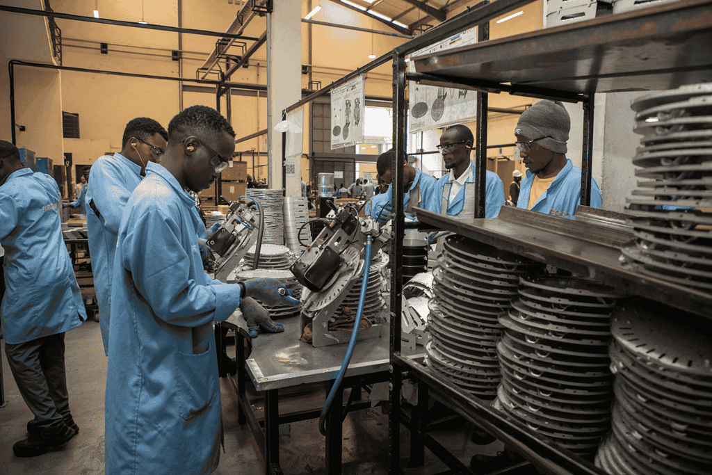 Men in blue lab coats working with materials
