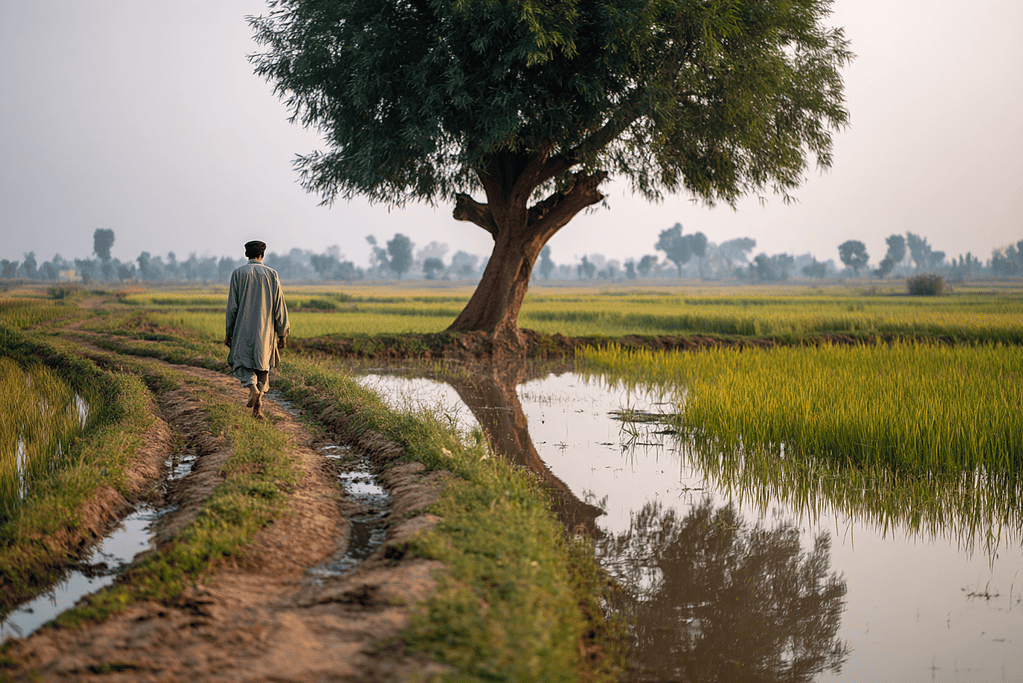 A man walks along a river with a tree in the background.