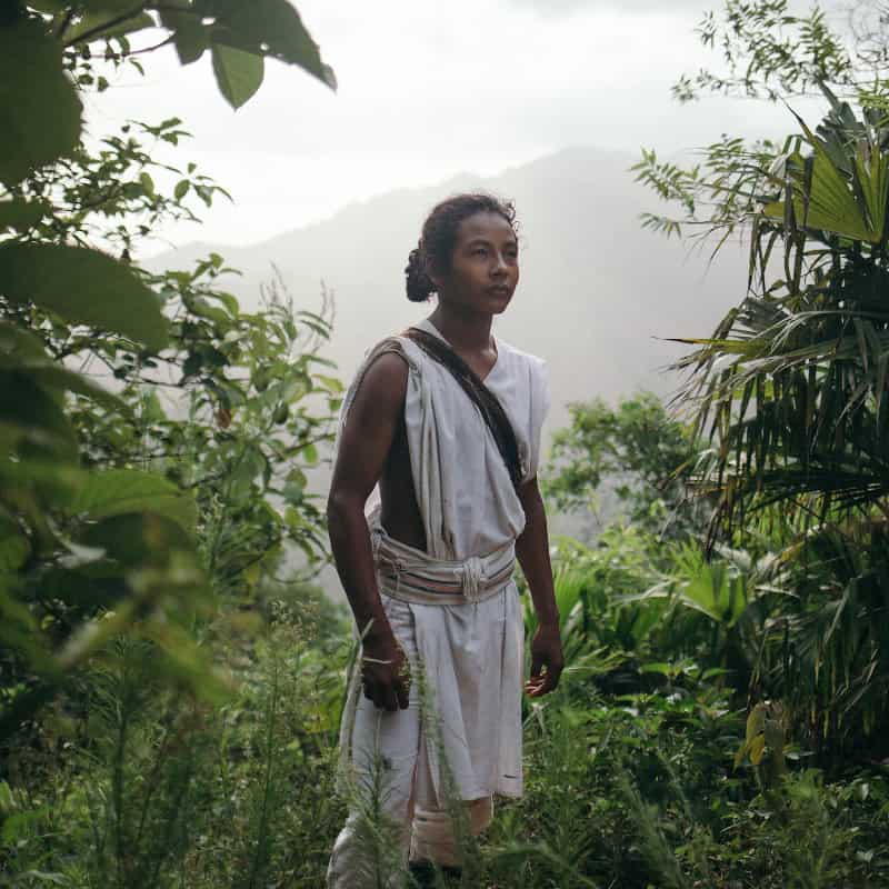 A young indigenous man stands in a Colombian forest clearing