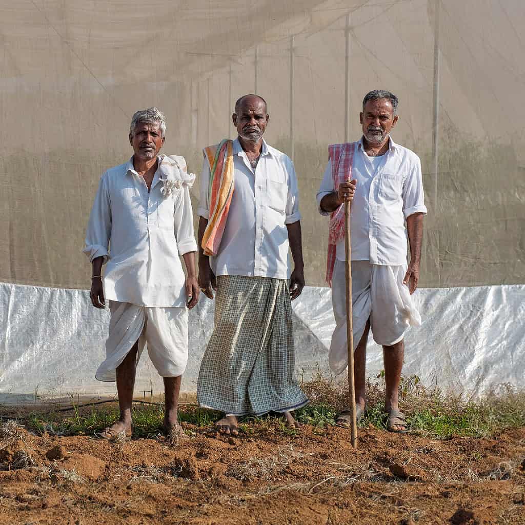 Three farmers stand outside of a Kheyti greenhouse on a Indian farm