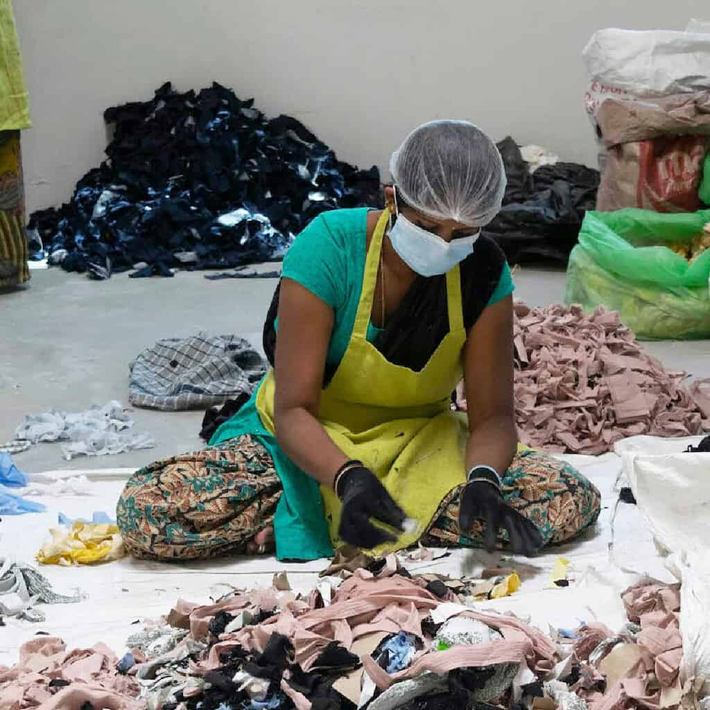 Woman carefully inspects and sorts cloth waste for recycling and re-use