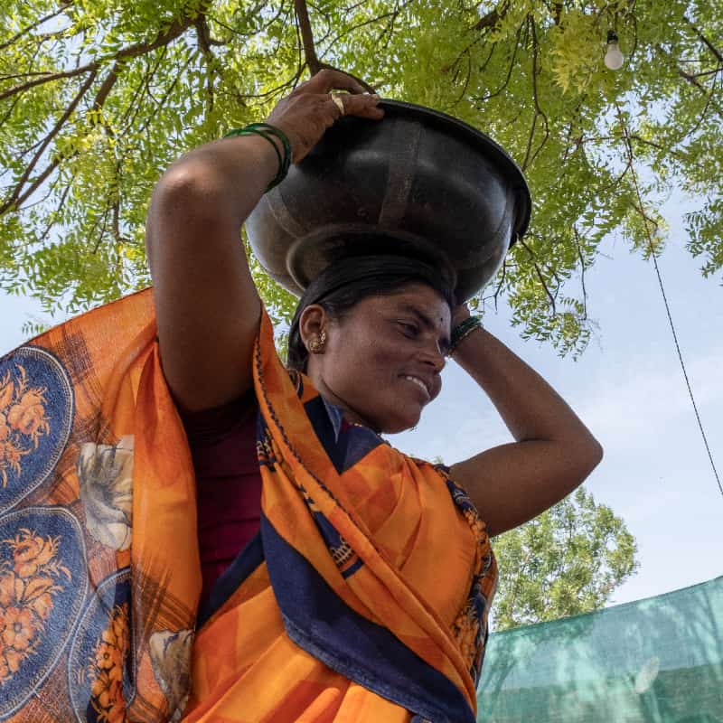 Women cheerfully carries a bowl on her head in a garden