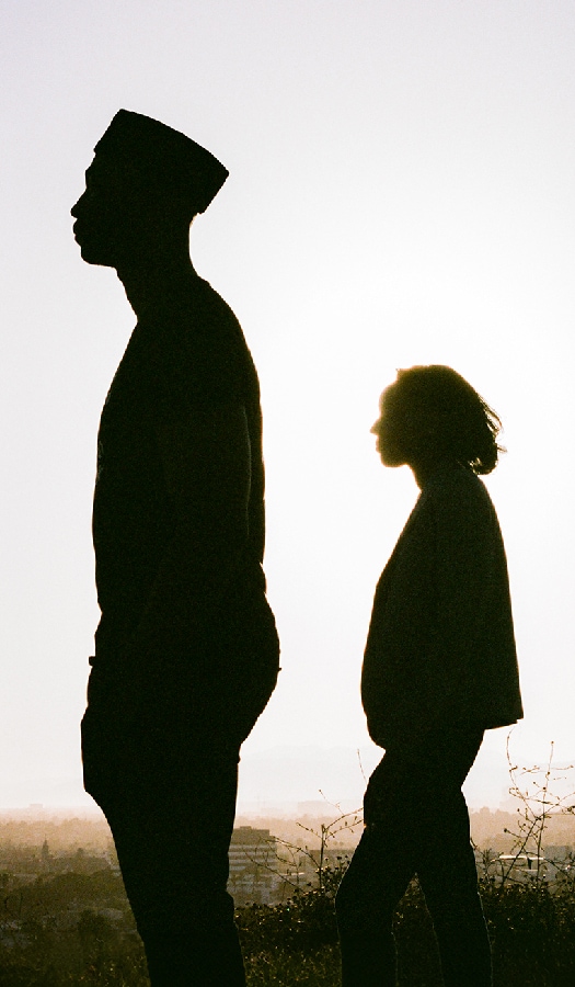 The silhouette of a man and woman in a brightly lit field