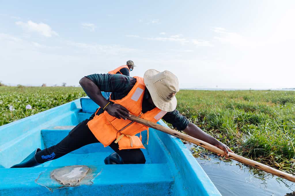 Man steers rowboat while another man looks out across a marsh in Kenya