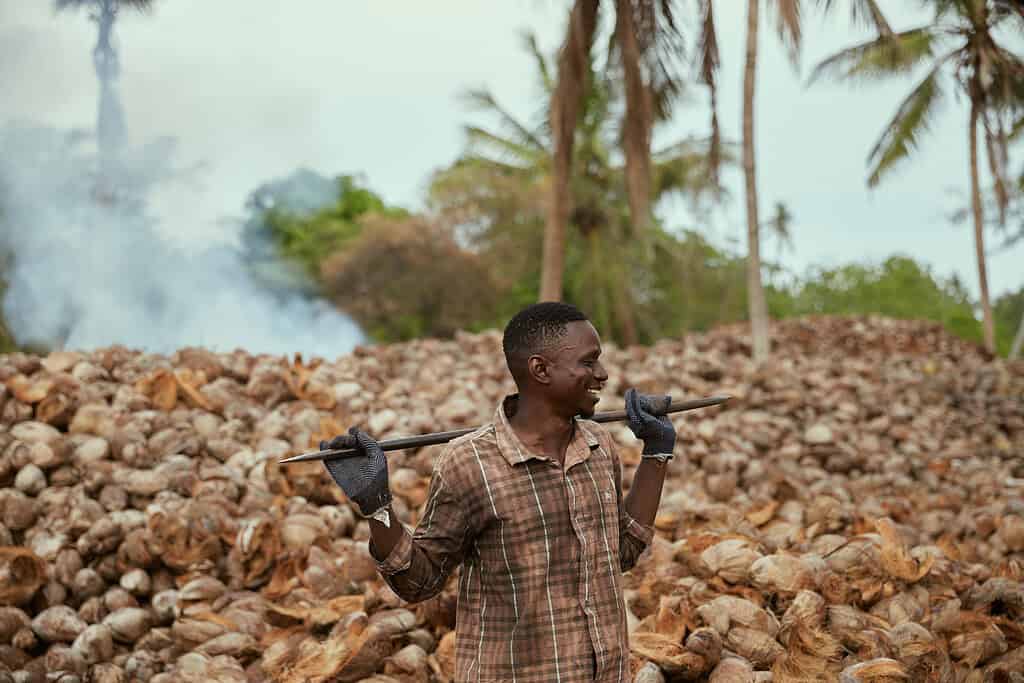 Man stands with tool near cocnount shell mound in Kenya; Photo courtesy of Kentaste