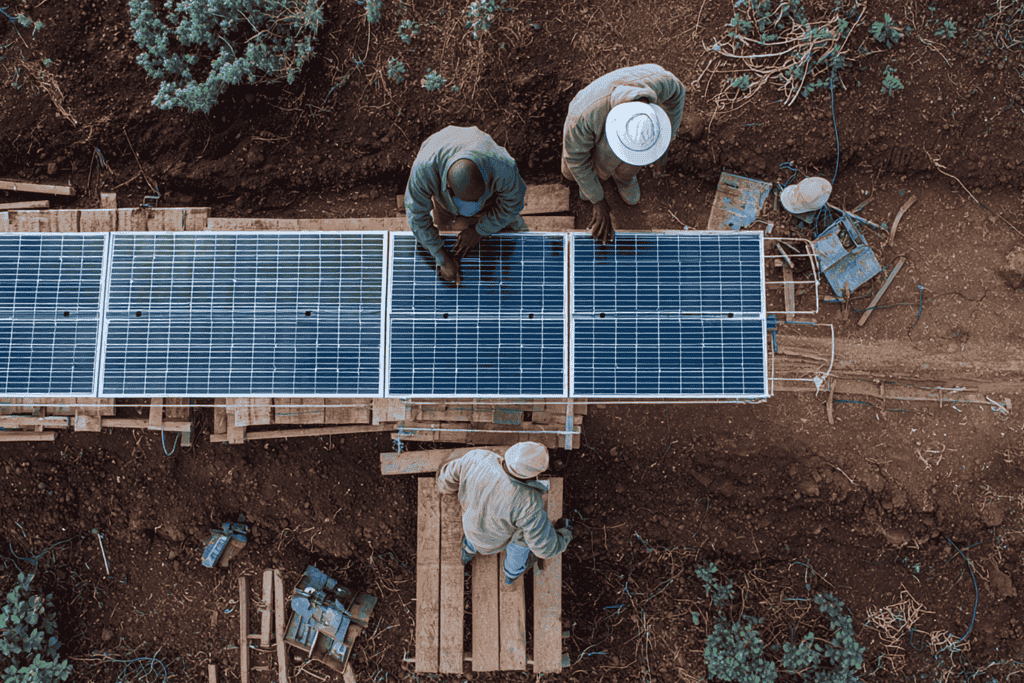 Arial shot of men working on solar panels