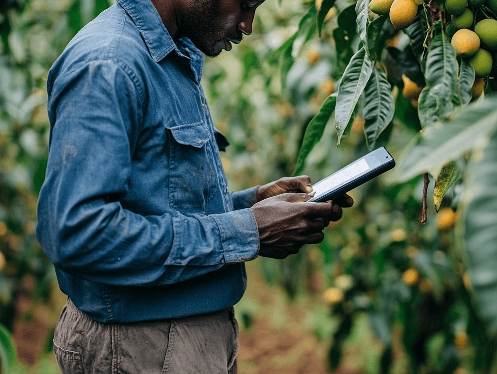 Male farmer in field with trees