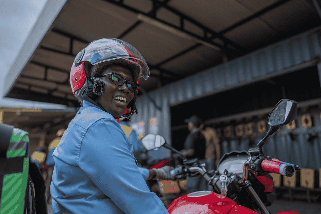 Person on red motorcycle
