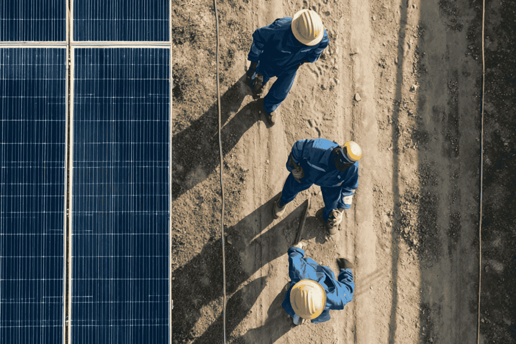 Arial shot of men wearing hardhats walking next to solar panels