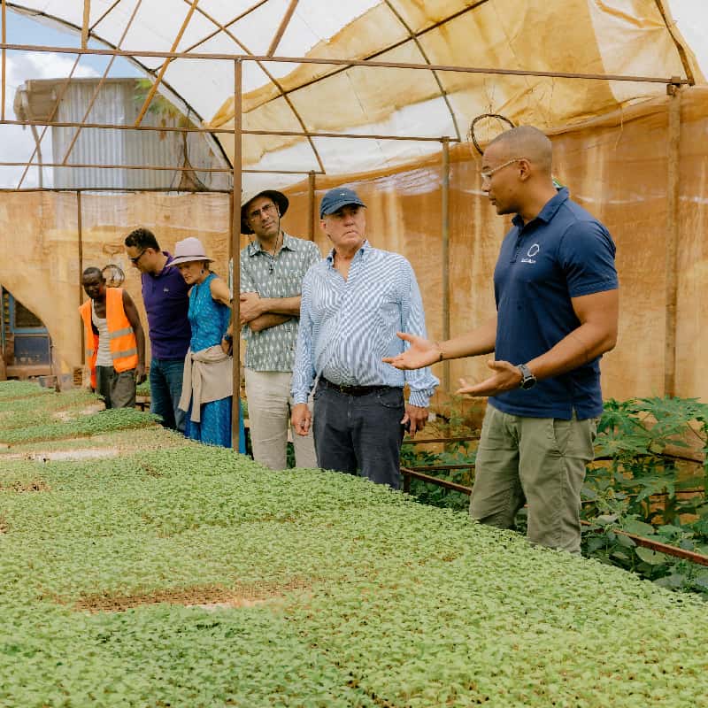 Worker tours group of investors through a greenhouse and farming operation