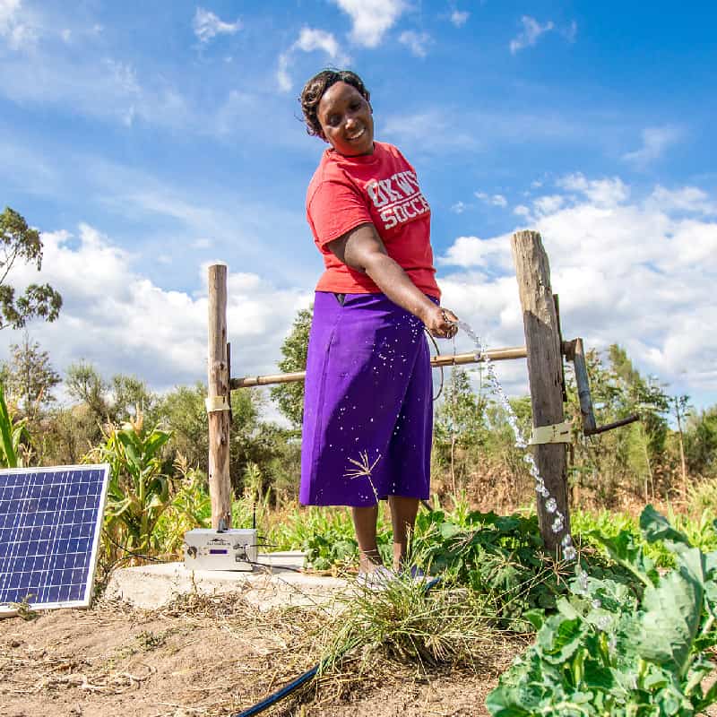 Woman happily waters her garden using a solar powered water pump
