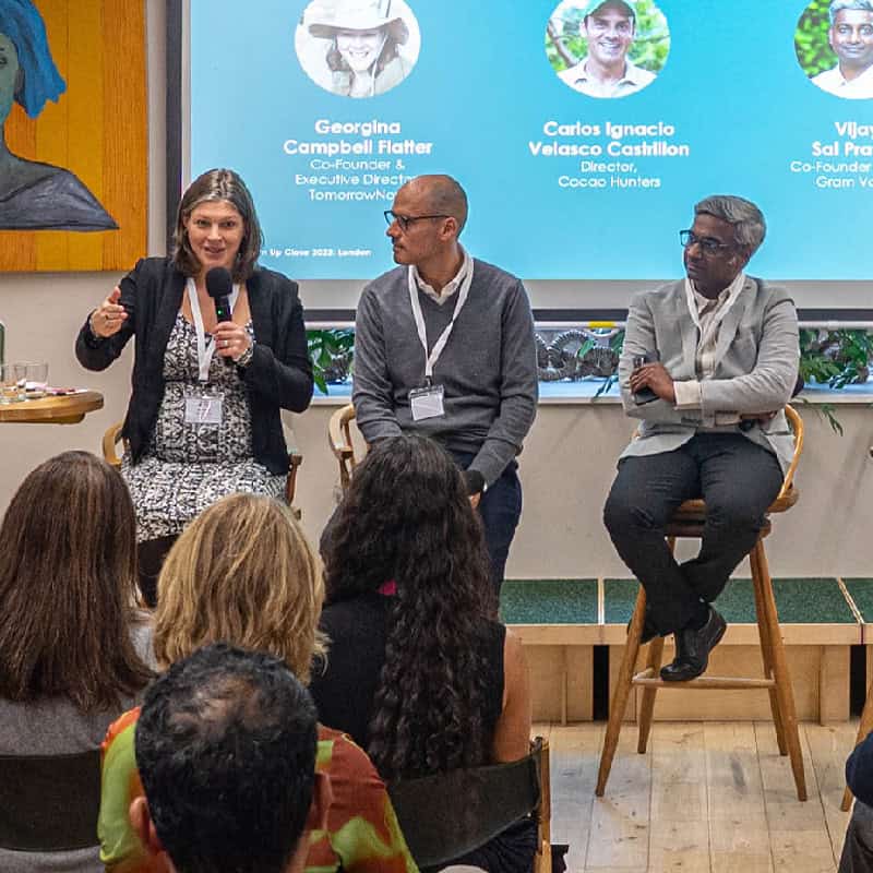 Acumen Fellow Carlos Ignacio Velasco and Acumen Investee Vijay Sai Pratap speak at a panel