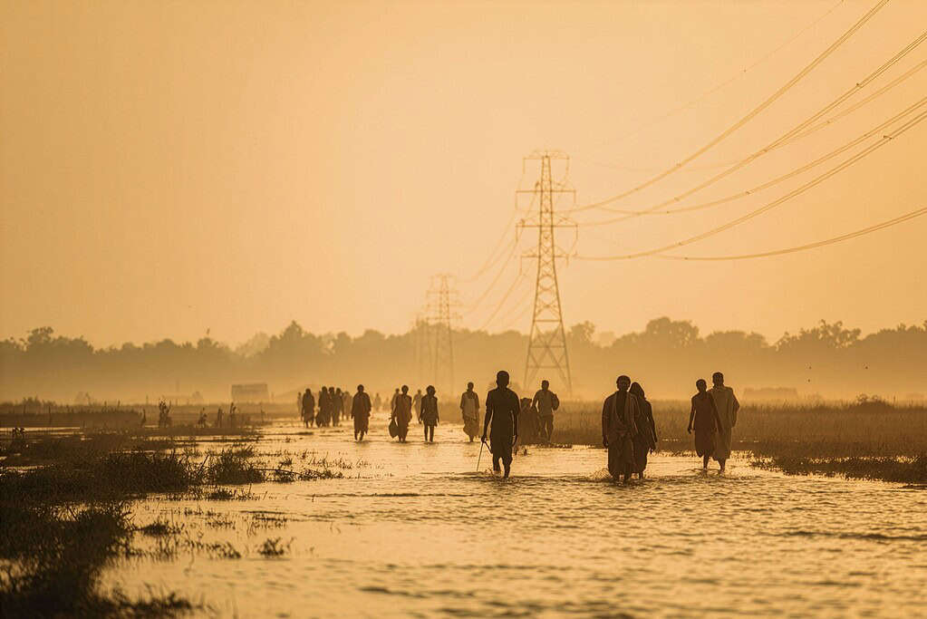 People wade through flooded roads in rural countryside