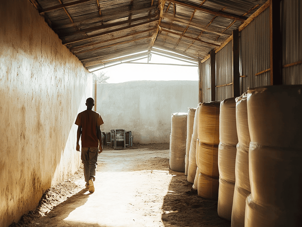 African farmer walking in a storage area